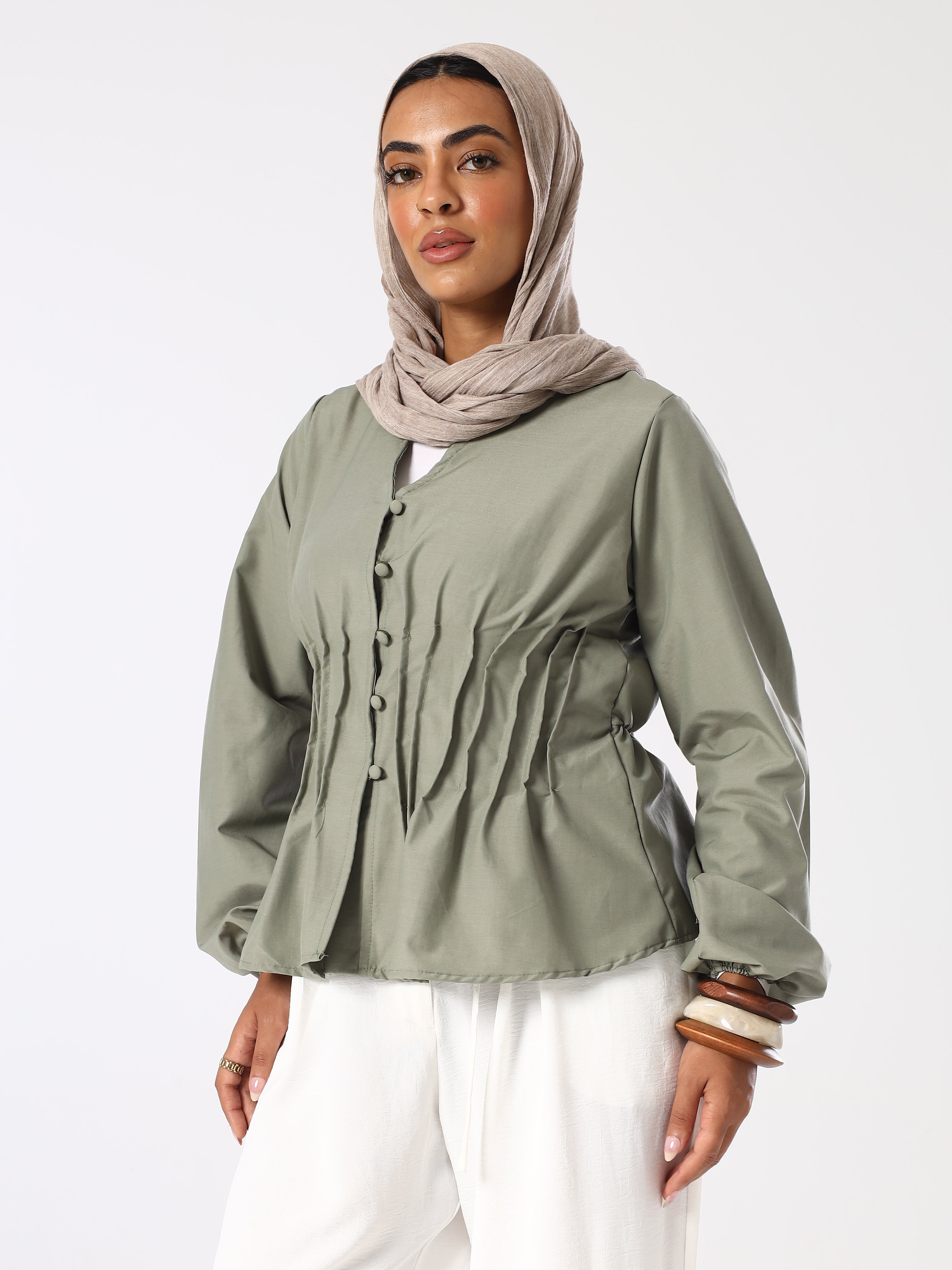 Sage Pleatened Buttoned Blouse