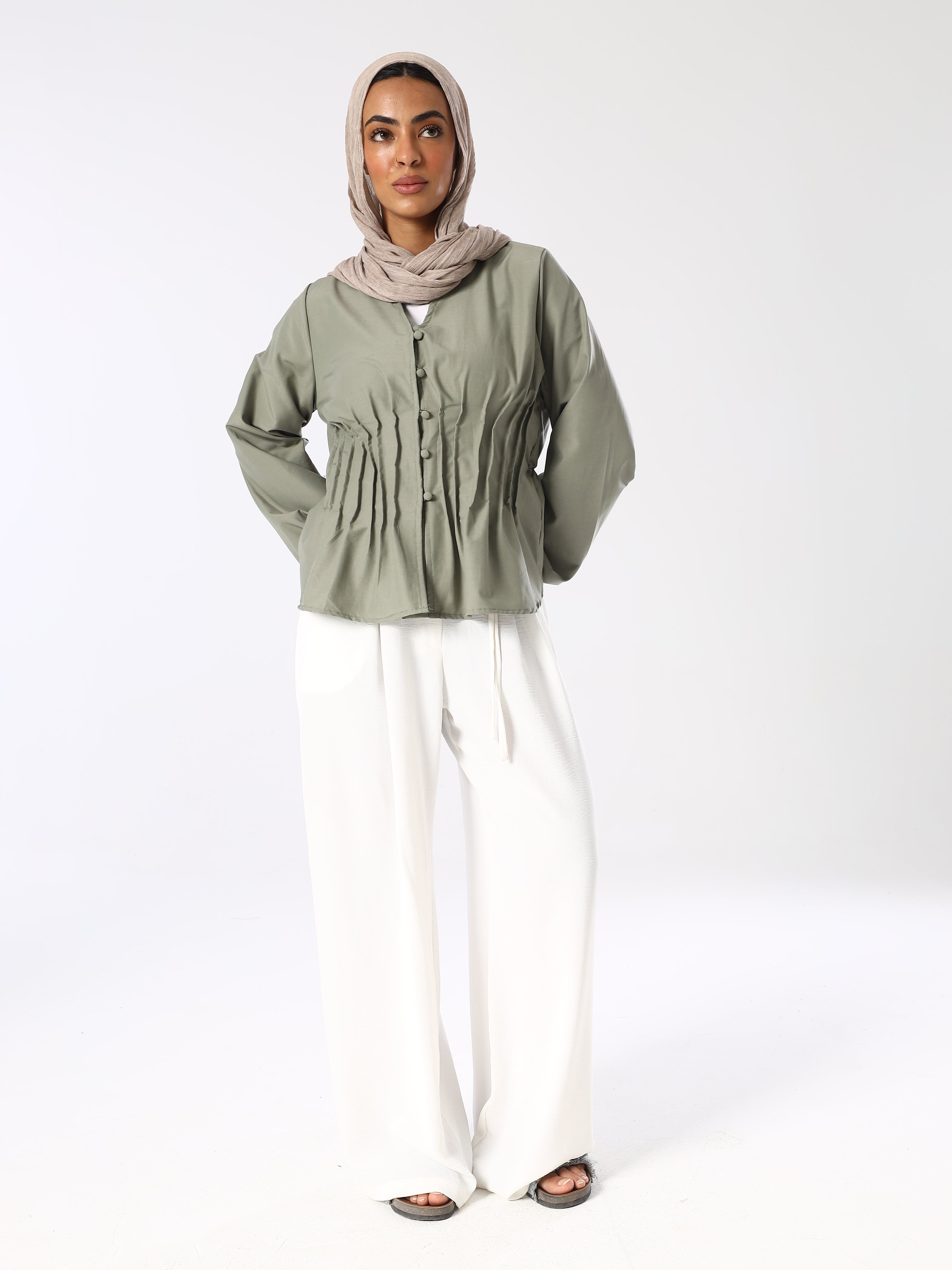 Sage Pleatened Buttoned Blouse