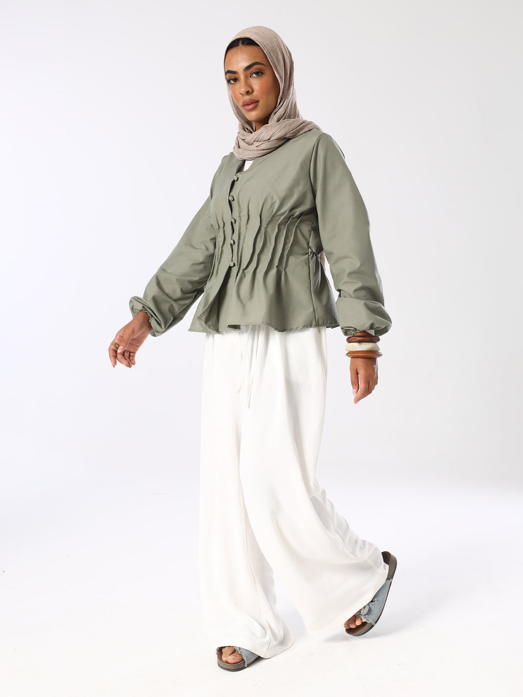 Sage Pleatened Buttoned Blouse