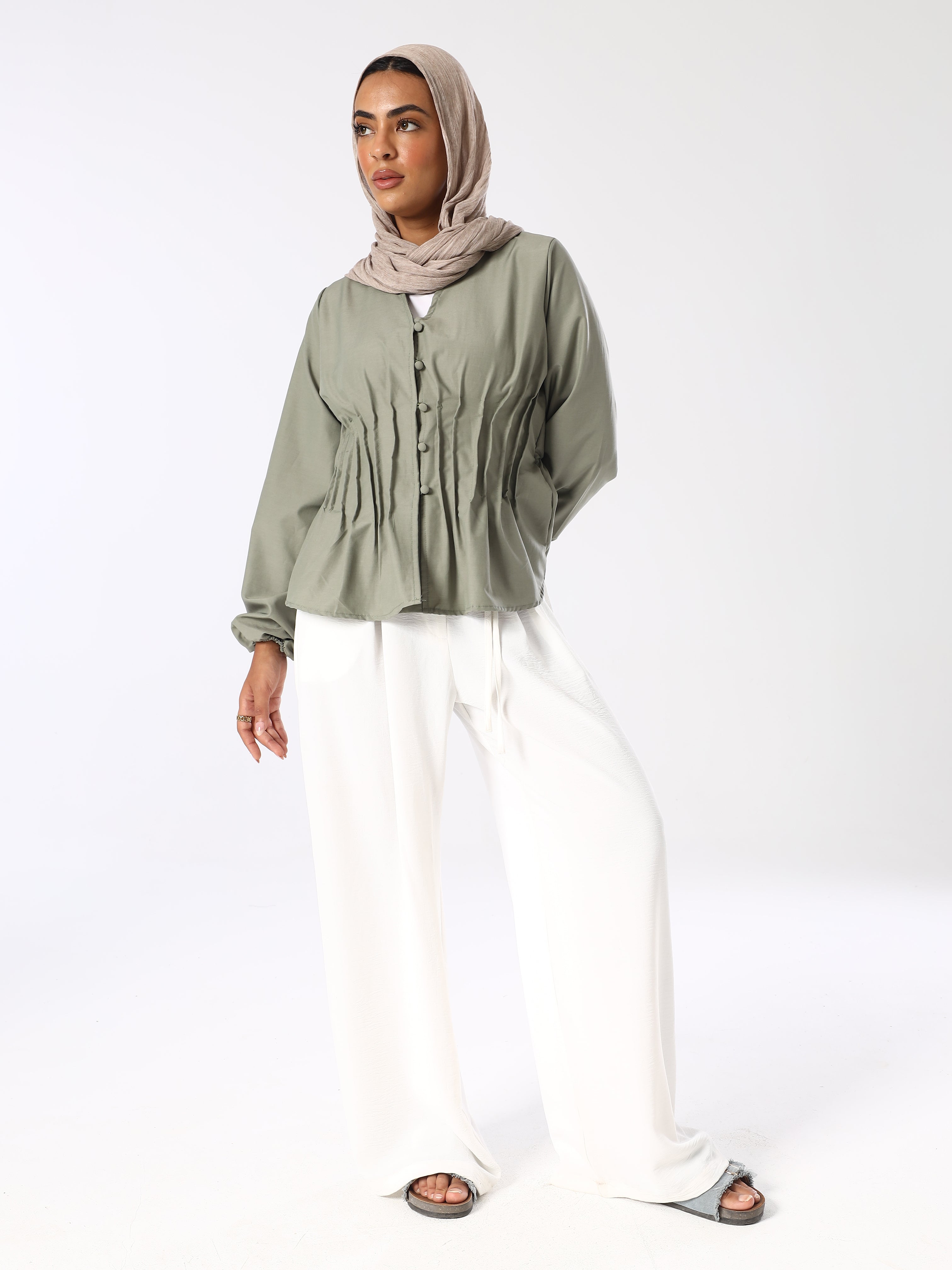 Sage Pleatened Buttoned Blouse